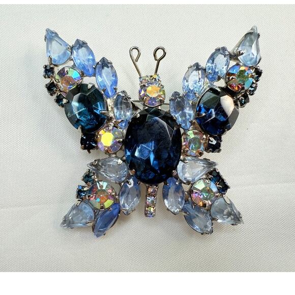 Juliana Style Blue AB Rhinestone Layered Butterfly Brooch D&E - Picture 1 of 9